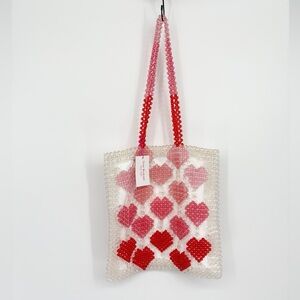 NWT Isaac Mizrahi Pink Red White Beaded Heart Tote Bag